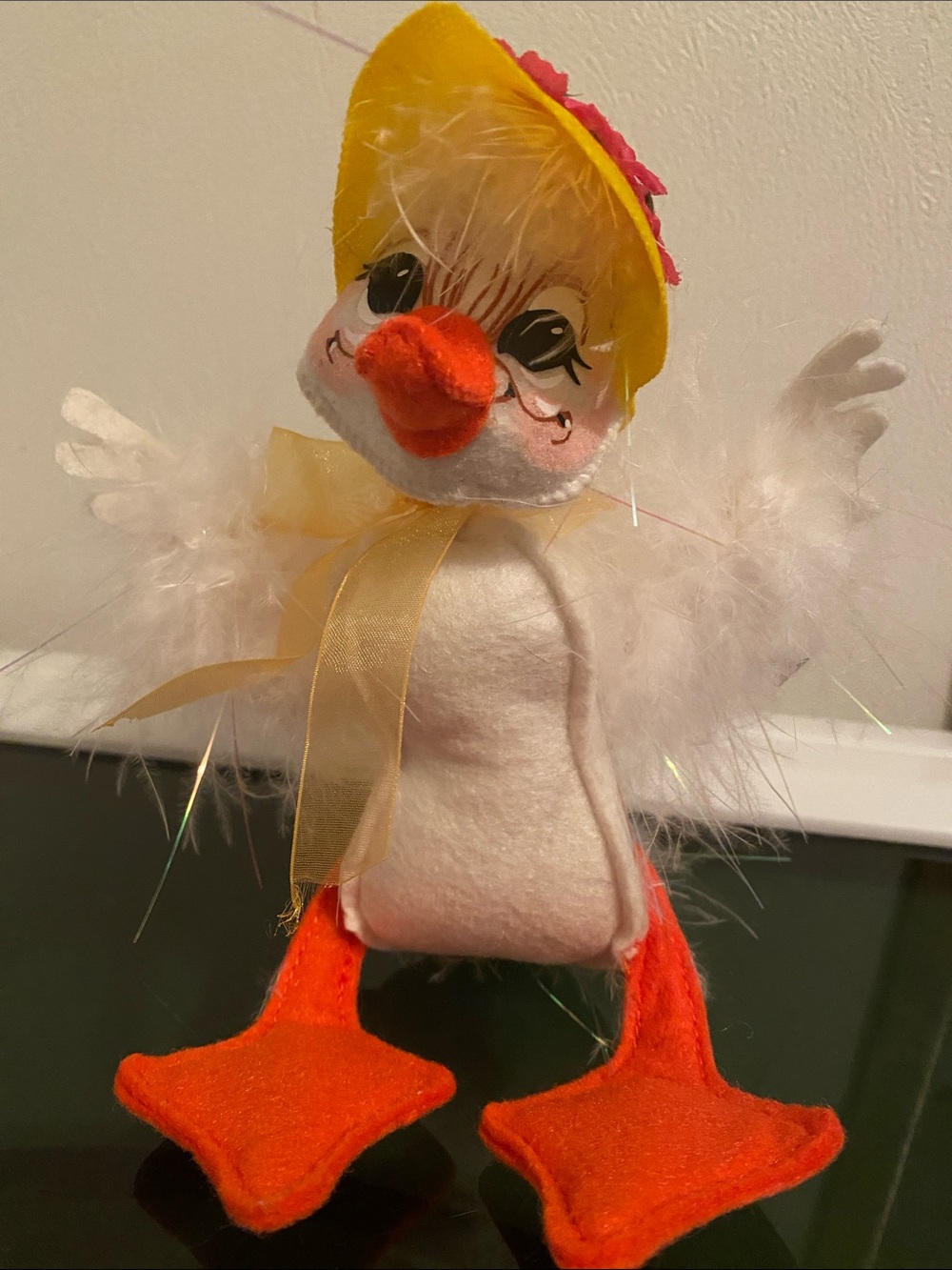 Annalee 75 White Plush Duck with Yellow Hat Bow Orange Feet Big Eyes